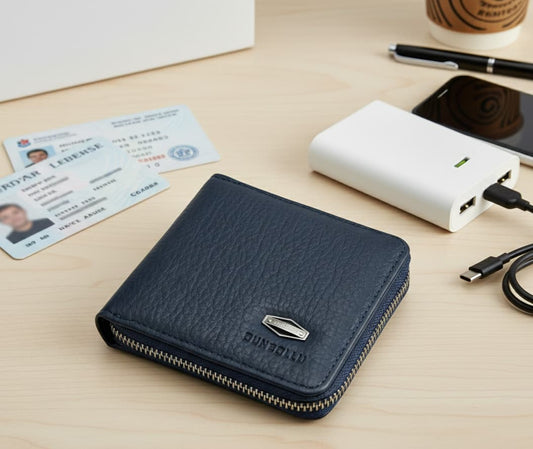 Black leather wallet with gold zipper for men and women