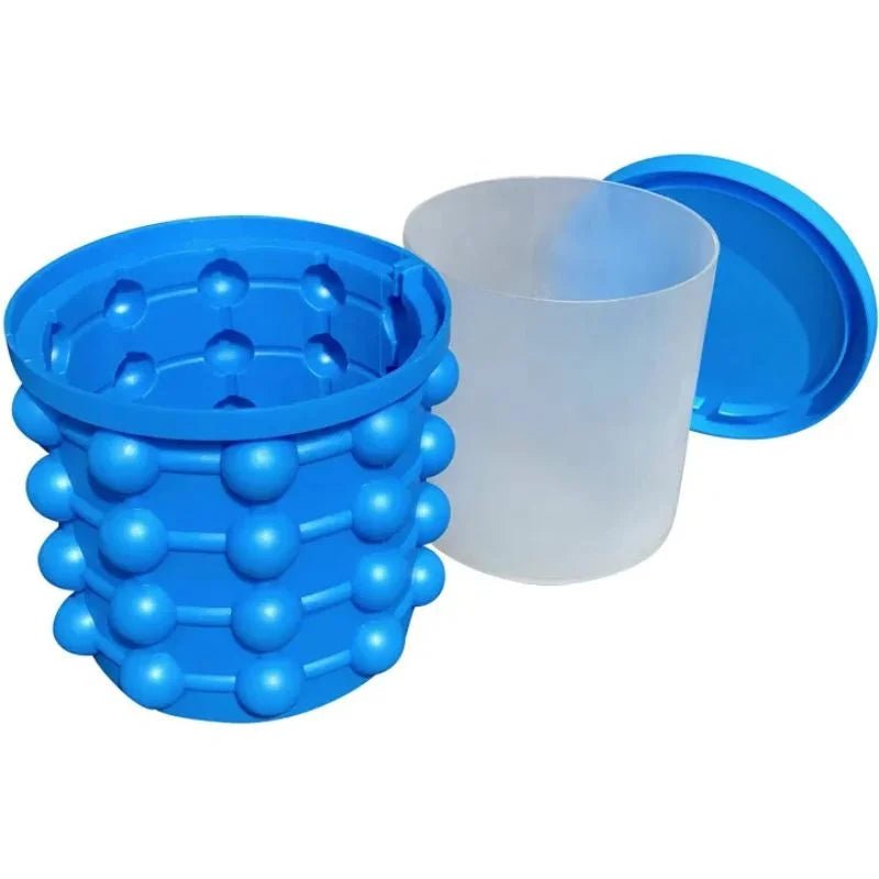 Blue textured container with a white cup and blue lid on a white background