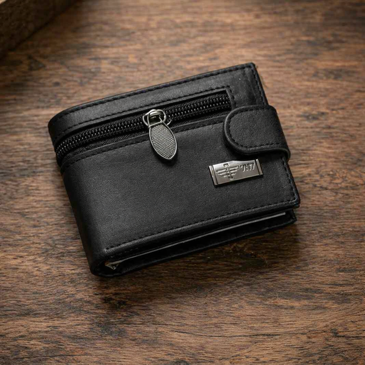 Compact black leather wallet with button closure