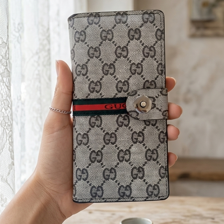 Designer inspired long wallet in off white and brown