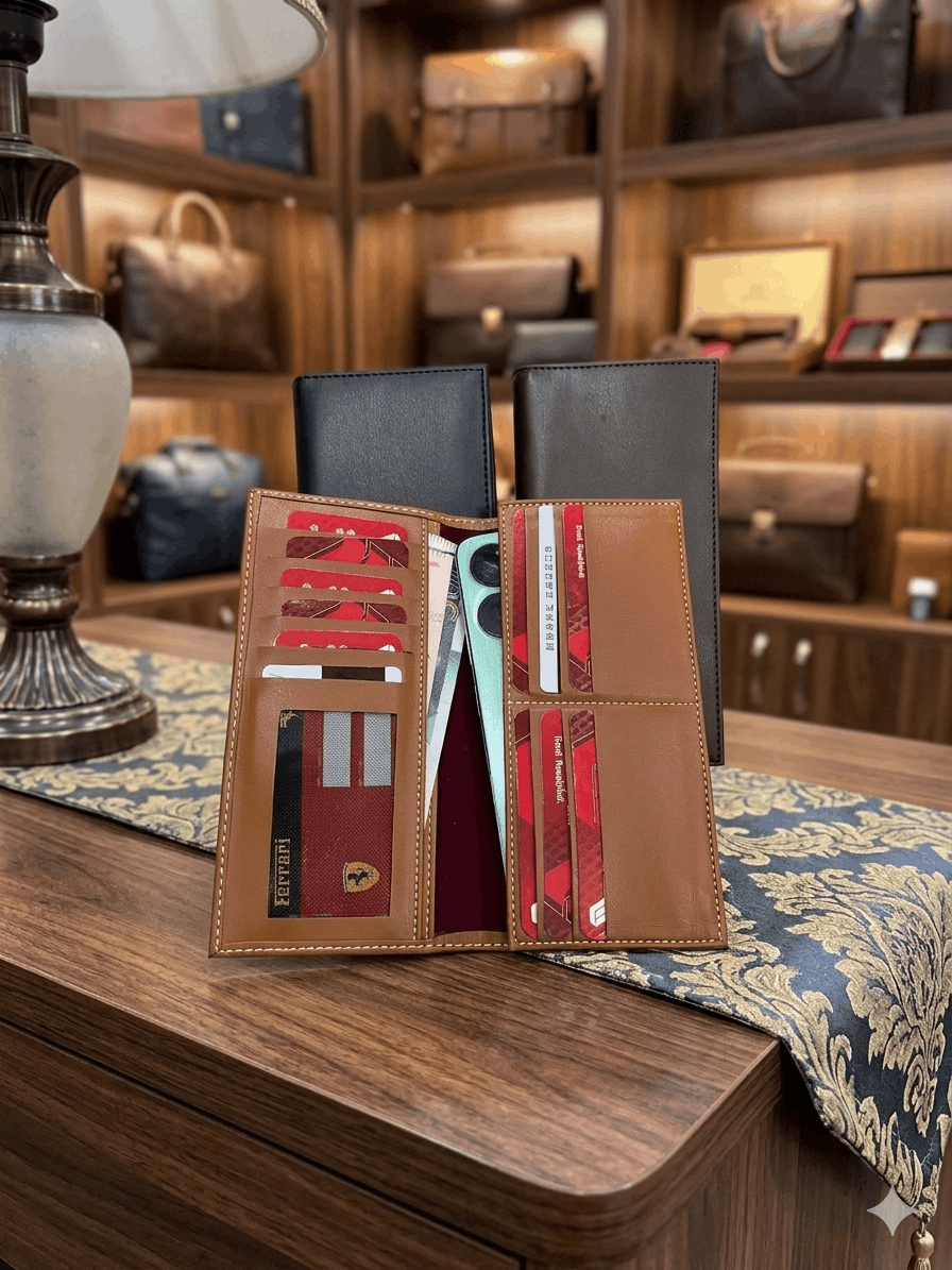 Premium genuine leather long wallet black with 12 card slots