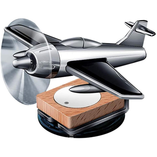 Silver airplane car air freshener with solar powered rotation