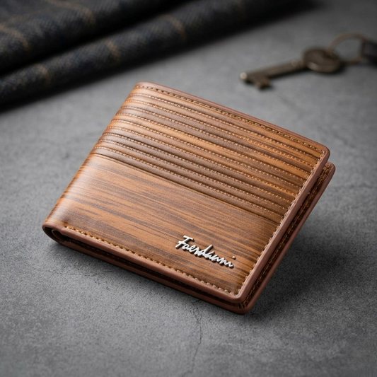 Slim brown leather wallet with ID window