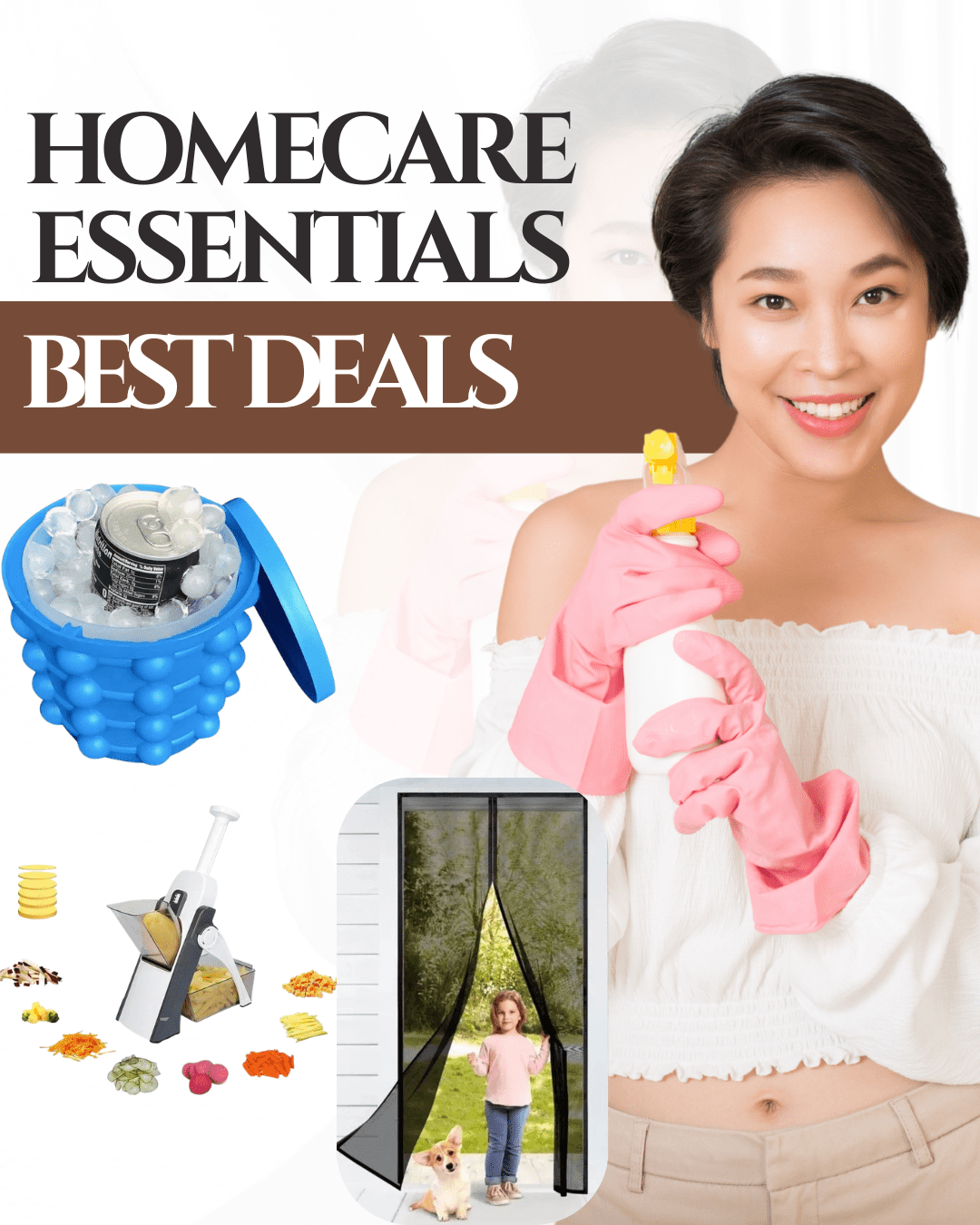 Homecare essentials collection with cleaning and kitchen accessories