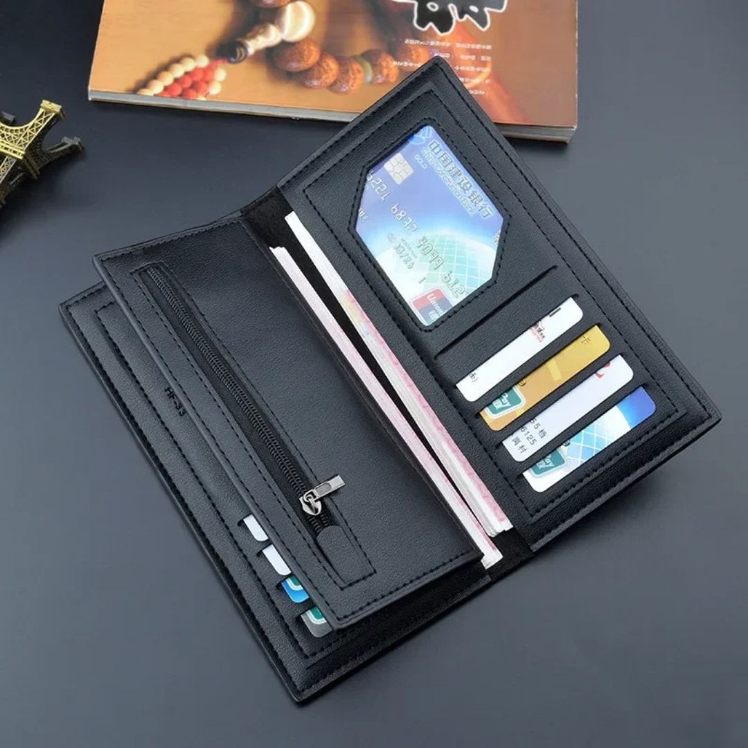 Black Long Wallet Purse | 14 Card Slots & Zipper Pocket