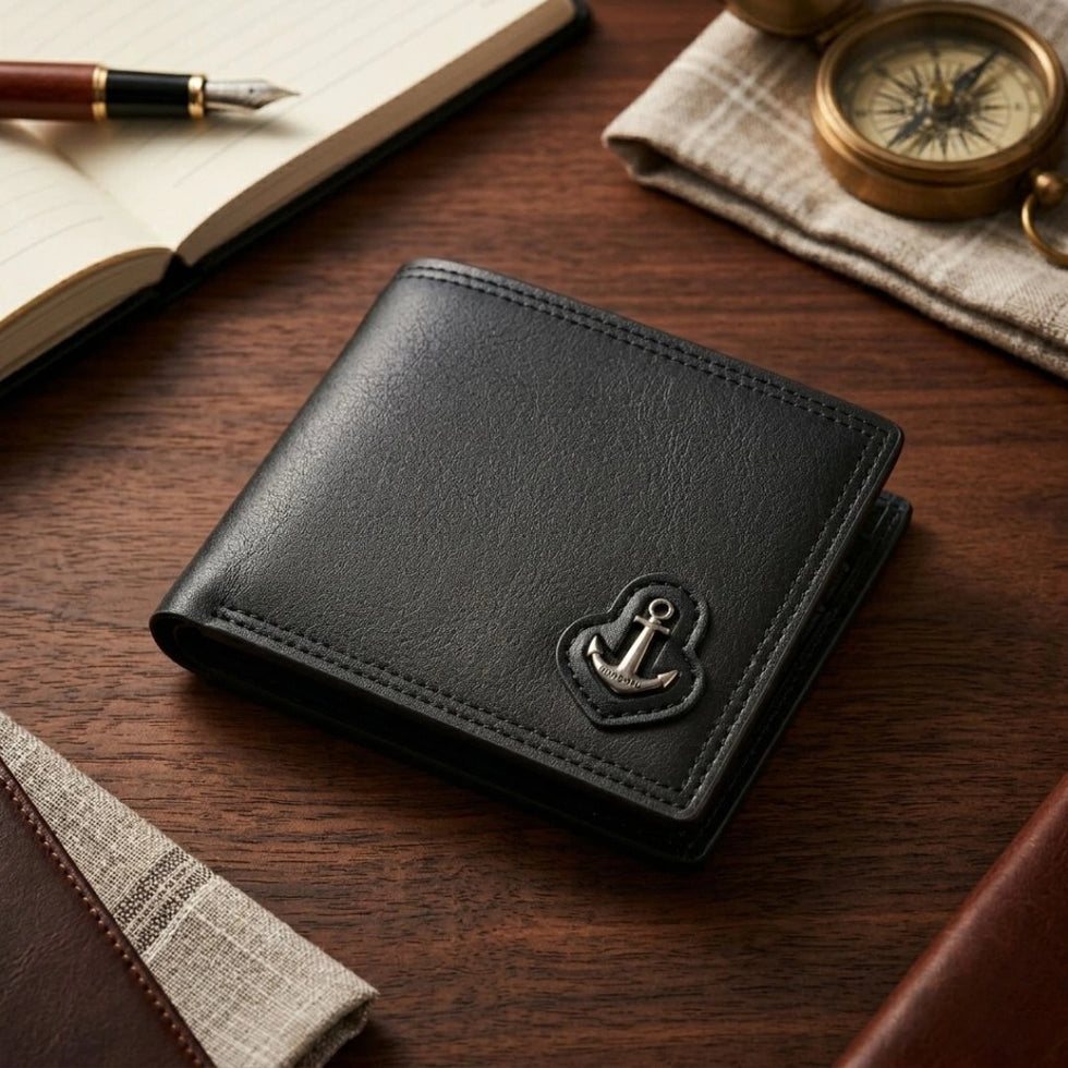 Anchor emblem bifold leather wallet black with gift box