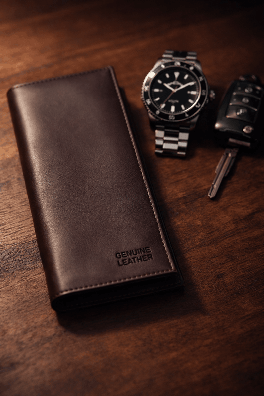 Black genuine leather wallet with mobile phone pocket