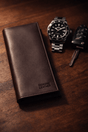 Black genuine leather wallet with mobile phone pocket