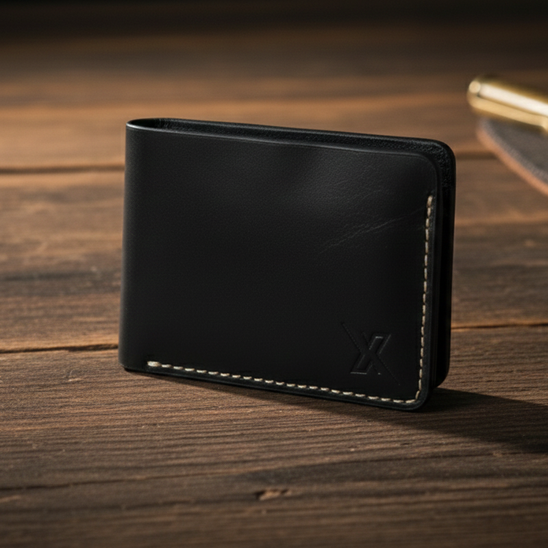Black leather bifold wallet with rugged texture