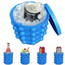 Blue ice cube maker with a can of soda inside, surrounded by smaller blue ice cube makers holding various items.