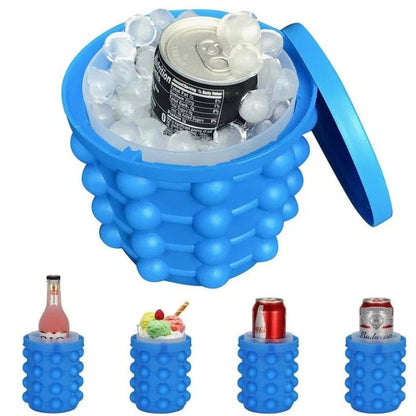 Blue ice cube maker with a can of soda inside, surrounded by smaller blue ice cube makers holding various items.