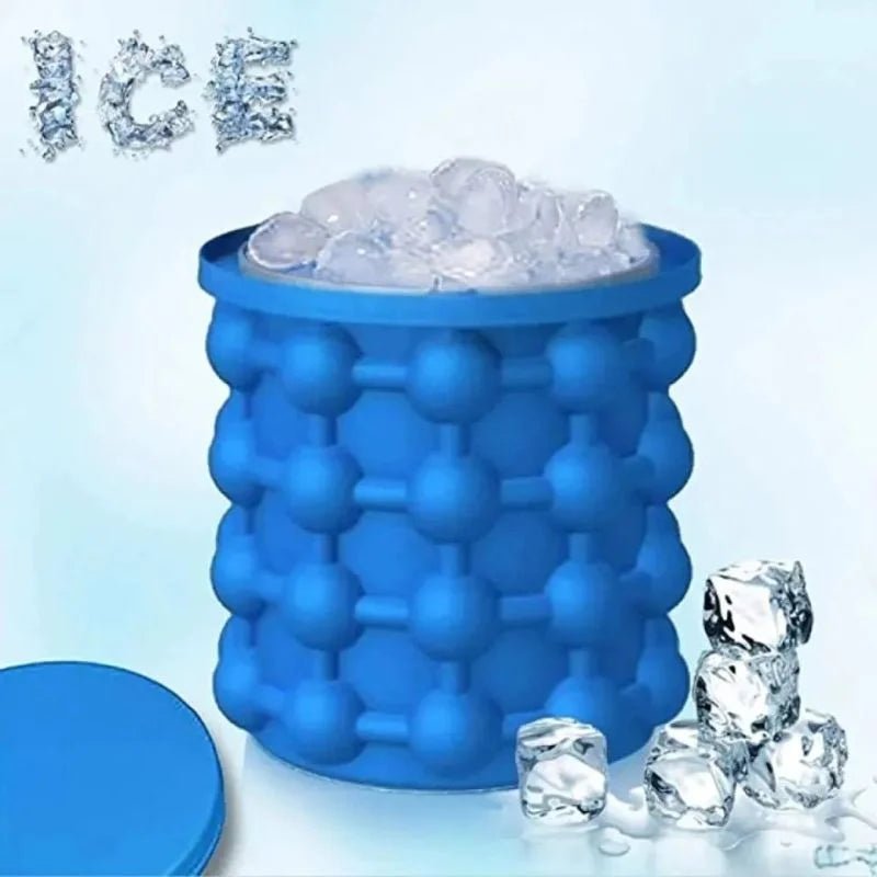 Blue ice cube tray with ice cubes on a light blue background