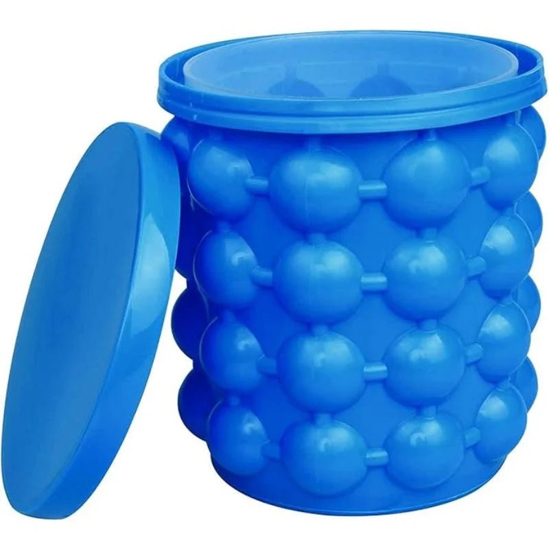 Blue ice cube tray with spherical compartments on a white background