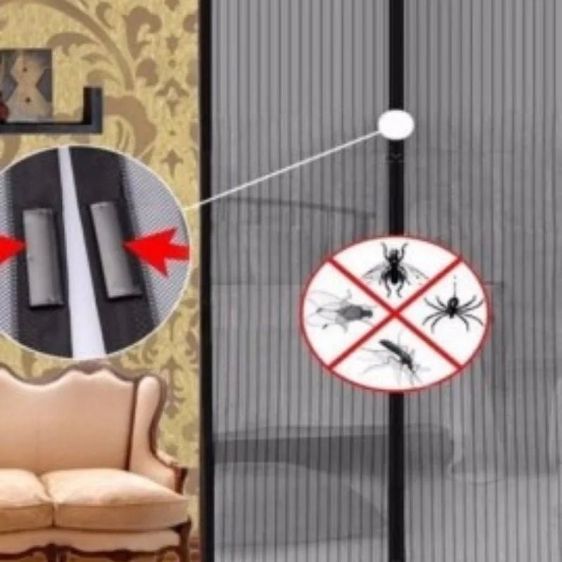 Breathable door mesh curtain with automatic magnetic closure