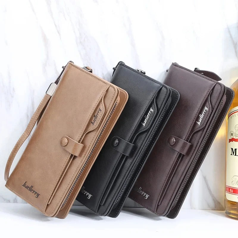 Brown PU leather wallet with wrist strap