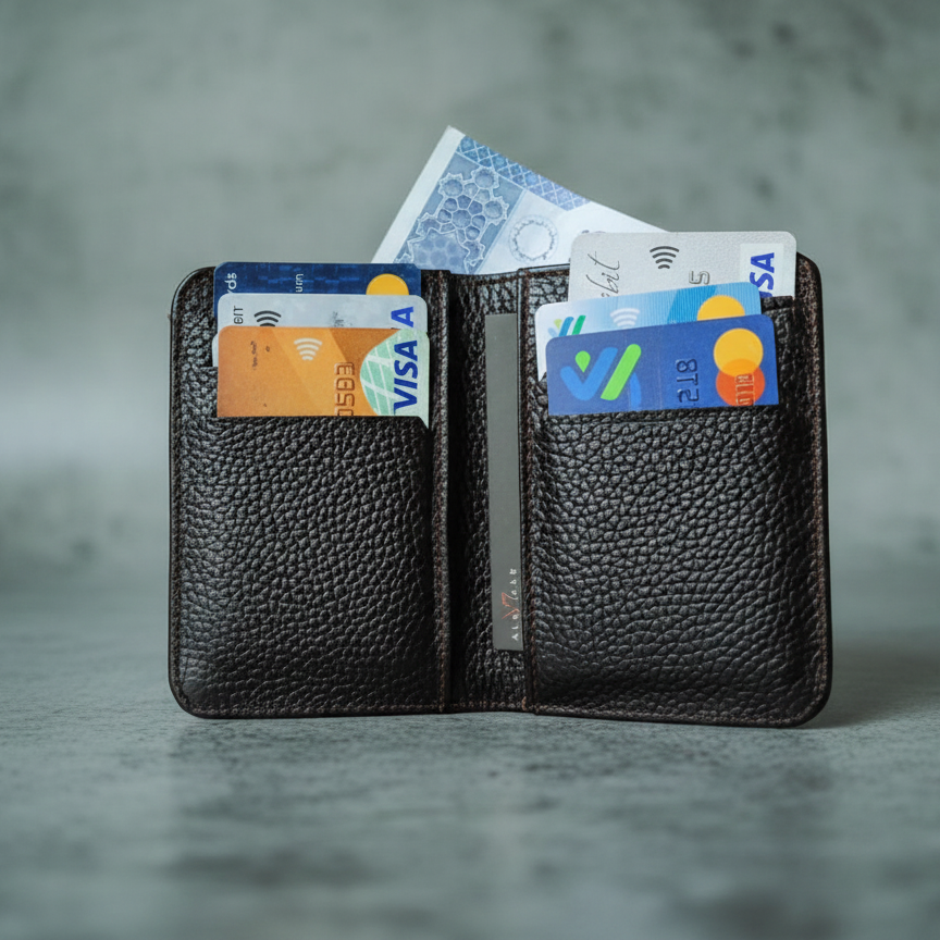 Brown bifold genuine leather wallet for men and women