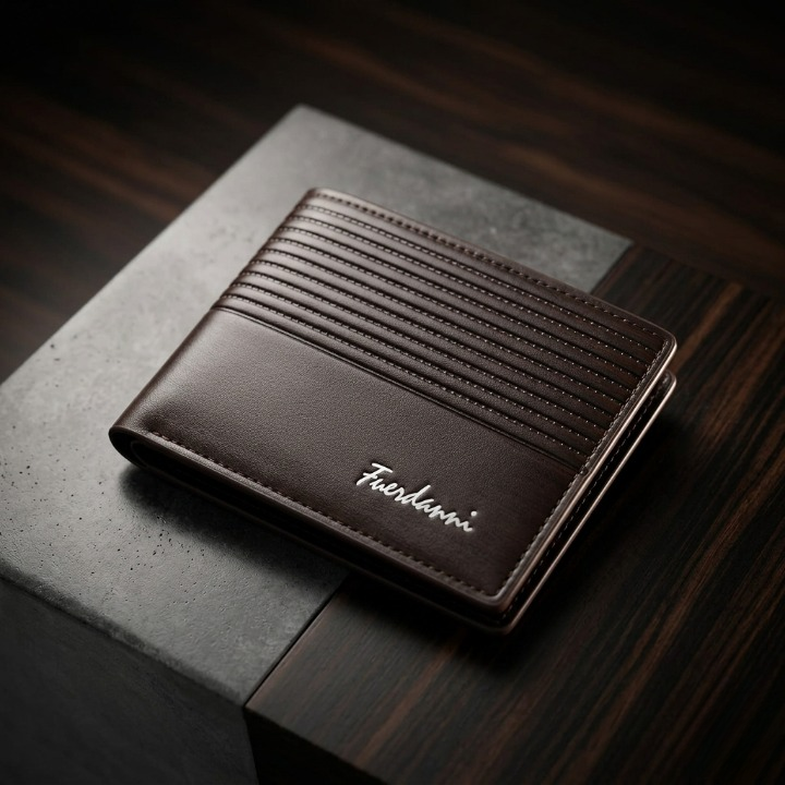 Brown bifold wallet with textured synthetic leather finish