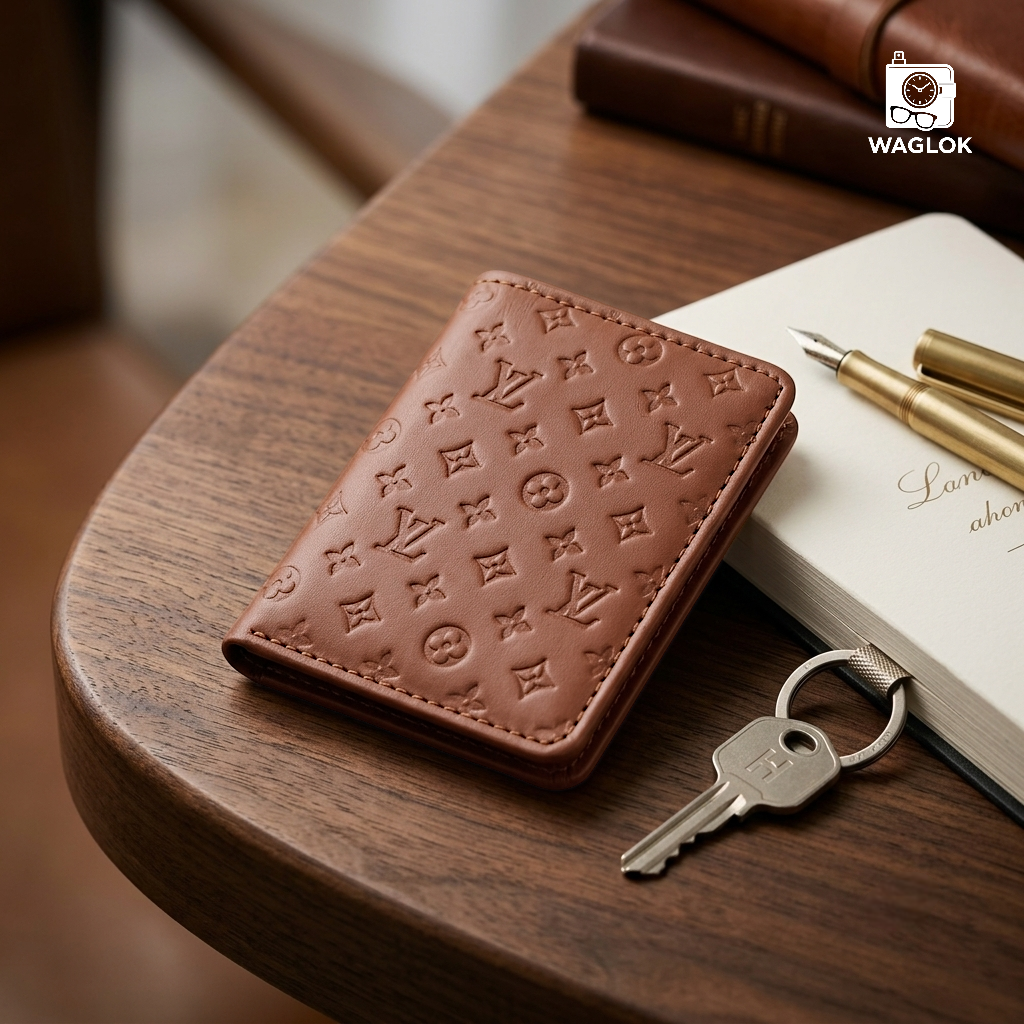 Beige slim wallet with embossed monogram pattern