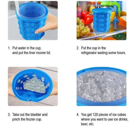 Instructions for using a blue silicone ice cube tray with text overlay.