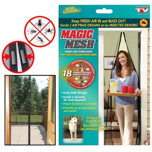 Magnetic mesh door curtain installed on home doorway