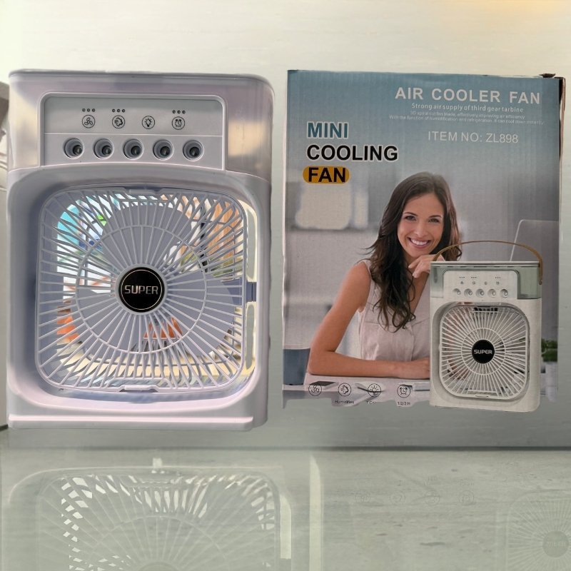Mini cooling fan with packaging featuring a woman and product image.