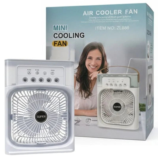 Mini cooling fan with packaging featuring a woman's face on a white background