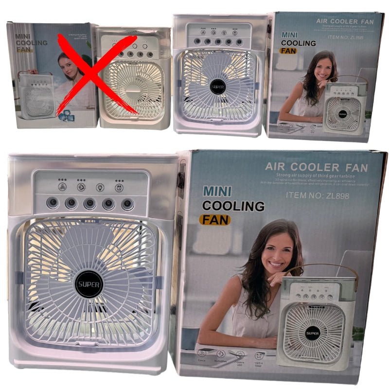Mini cooling fan with packaging on a white background