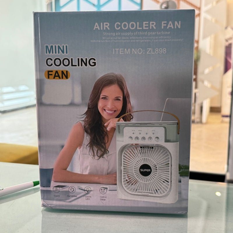 Package of a mini cooling fan with a woman on the cover