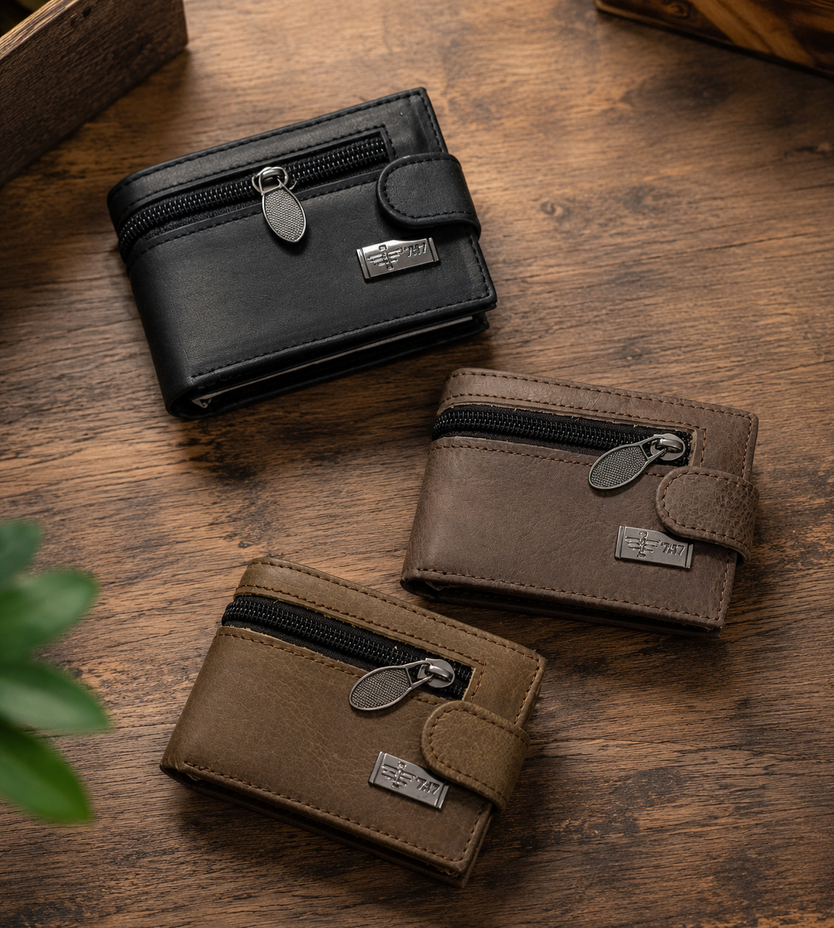 Pocket-size leather wallet with secure button lock