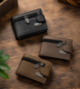 Pocket-size leather wallet with secure button lock