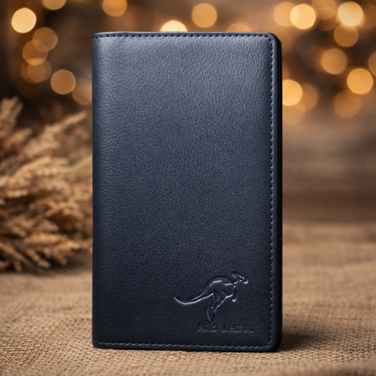 Premium men's long leather wallet with embossed kangaroo logo