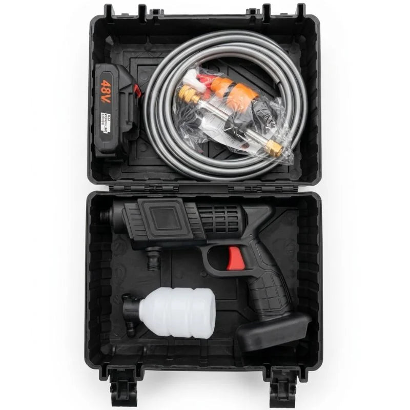 Wireless high-pressure washer for vehicles and outdoor use