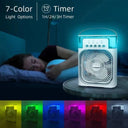 Portable fan with 7-color light options and timer features, shown in a bedroom setting.