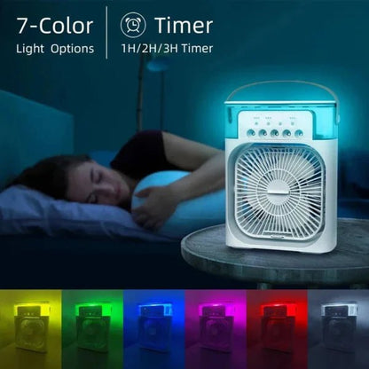 Portable fan with 7-color light options and timer features, shown in a bedroom setting.