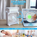 Portable fan with 3 speed settings on a table next to a laptop, with people using the fan in various scenarios.