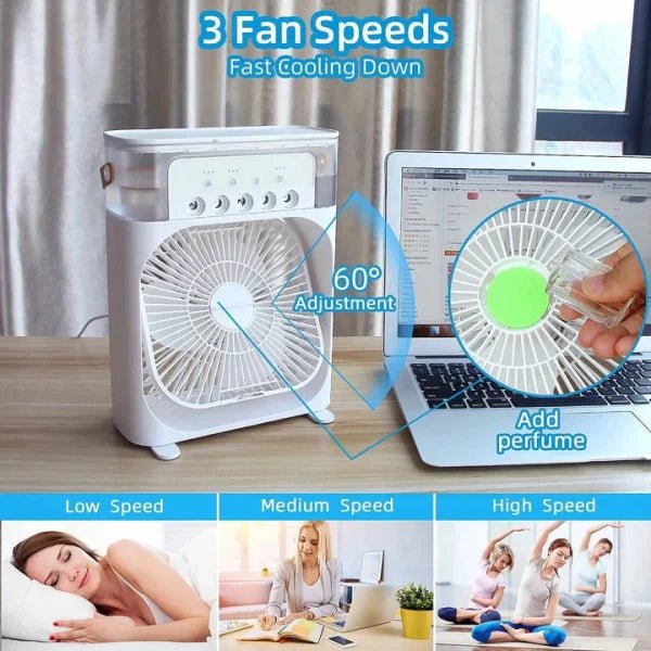 Portable fan with 3 speed settings on a table next to a laptop, with people using the fan in various scenarios.