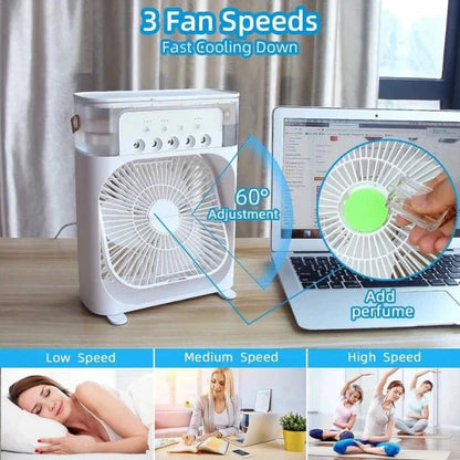 Portable fan with 3 speed settings on a table next to a laptop, with people using the fan in various scenarios.